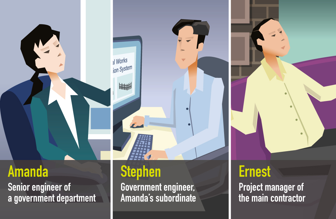Characters - Amanda: Senior engineer of a government department; Stephen - Government engineer, Amanda's subordinate; Ernest - Project manager of the main contractor