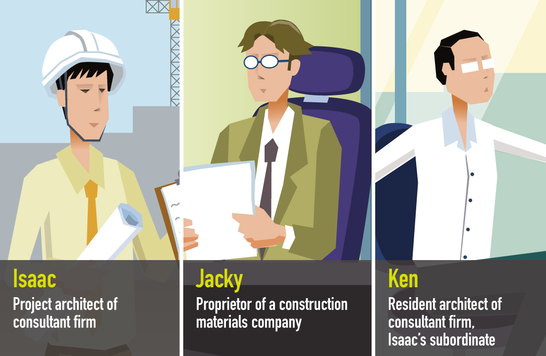 Characters - Isaac: Project architect of consultant firm; Jacky: Proprietor of a construction materials company; Ken: Resident architect of consultant firm, saac's subordinate