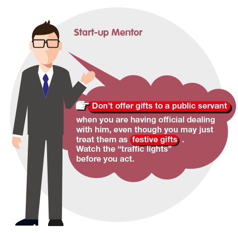 Don't offer gifts to a public servant when you are having official dealing with him, even though you may just treat them as festive gifts.  Watch the " traffic lights " before you act.