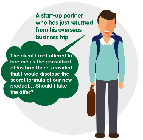 A start-up partner who has just returned from his overseas business trip: The client I met offered to hire me as the consultant of his firm there, provided that I would disclose the secret formula of our new product ... Should I take the offer?
